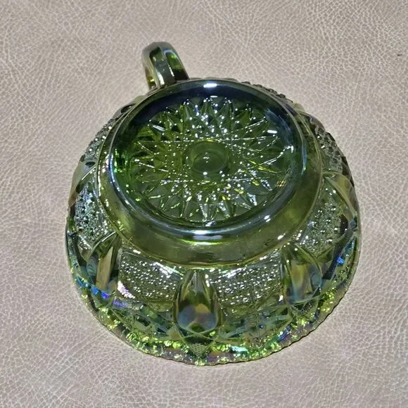 Vintage LE Smith Berry Bowl w/ Handle Green Carnival Glass Nappy Bowl Quintec - Picture 2 of 8